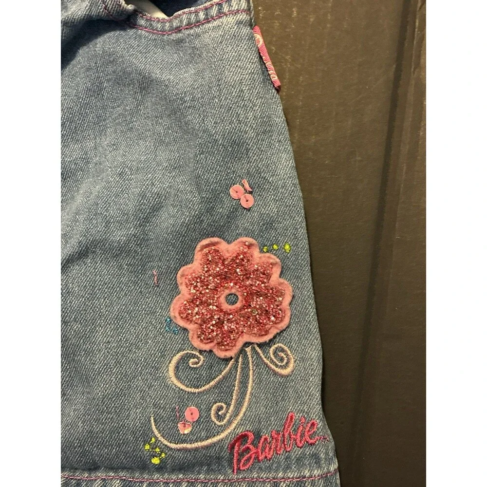 Y2K Barbie Denim Mini Skirt Girls Size 4/5 Blue Jean Embroidered Flower Pink